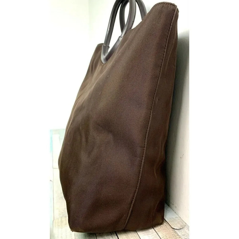 LARGE Charter Club BROWN NYLON CANVAS GENUINE LEATHER HANDLES TOTE HANDBAG PURSE